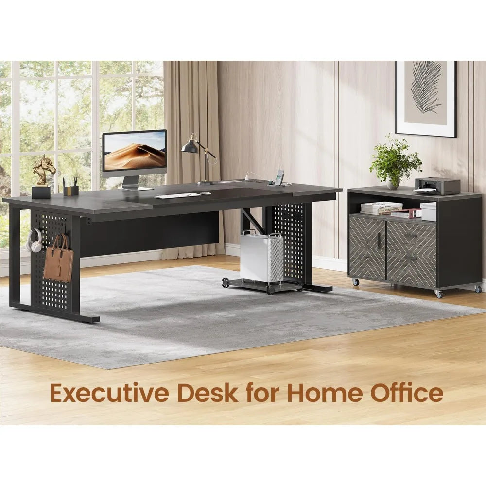 L Shaped Executive Desk With Power Outlets And Drawers