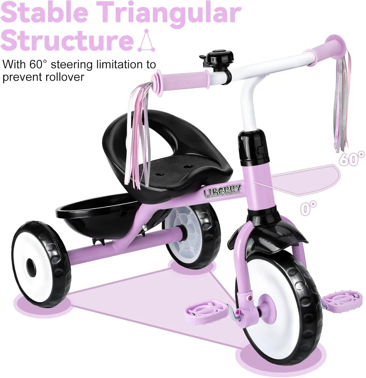 Toddler Tricycle For Ages 2-4 With Bell Basket Removable Pedal