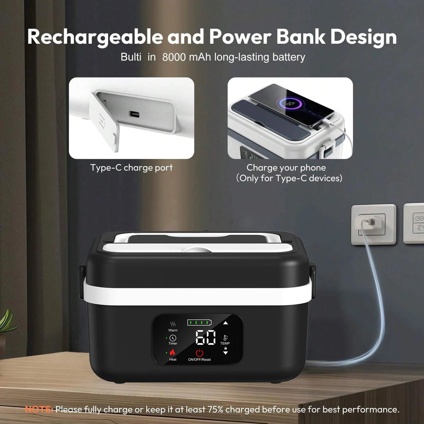 Wireless Electric Insulated Stainless Steel Lunch Box With 8000mAh Battery