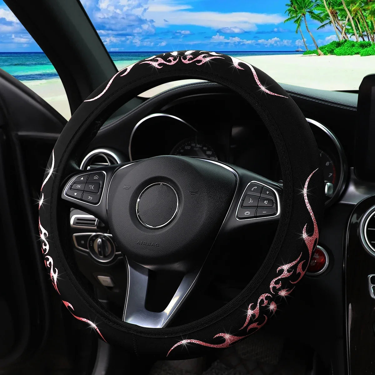 Meikaxiu Bling Bling Flame Totem Fabric Steering Wheel Cover