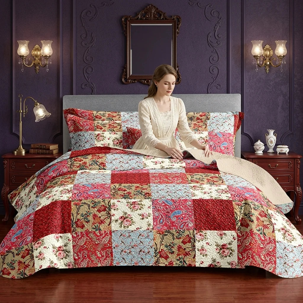Reversible Quilted Bedspread Set With Pillow Shams Lightweight Soft Coverlet