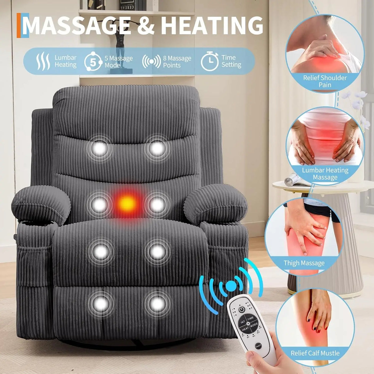 Garvee 360° Swivel Glider Rocker Massage Office Chair Full Body Airbag Sofa with Massage & Heat Wide Seat Manual Lounge Armchair with Cup Holder, for Living Room/Nursery/Bedroom/RV