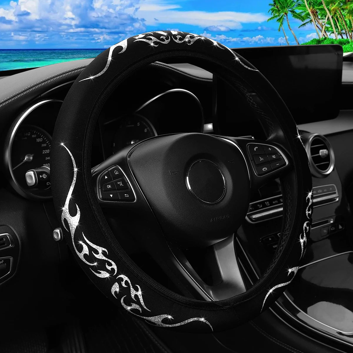 Meikaxiu Bling Bling Flame Totem Fabric Steering Wheel Cover