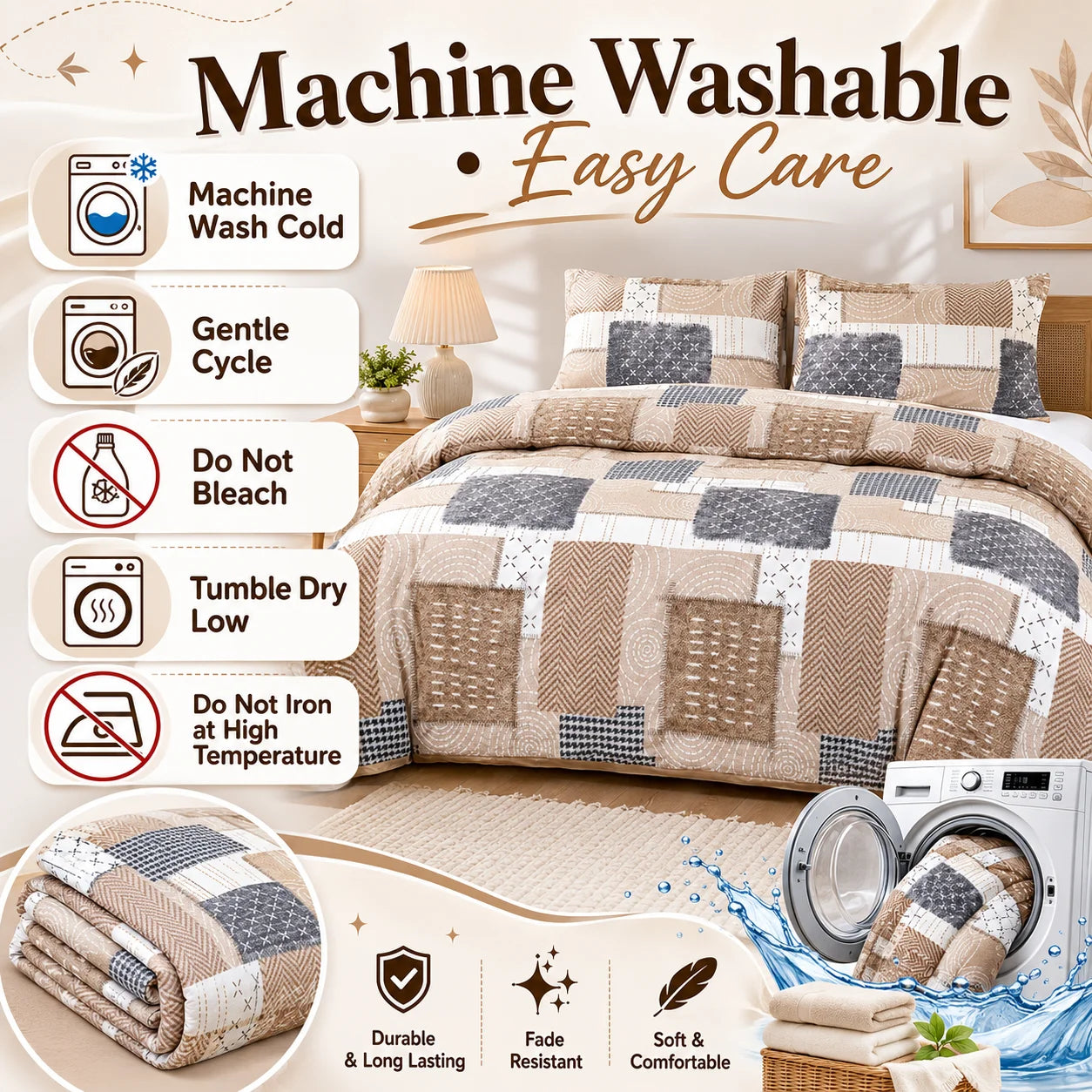 Boho Patchwork Duvet Cover Set, Beige Grey Geometric Bedding Set, Farmhouse Soft Bed Cover with Pillowcases, Twin Full Queen King Breathable and Ultra-Soft, Suitable for All Seasons, Includes 1 Duvet Cover and 1-2 Pillowcases