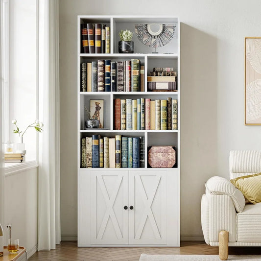 Tall Bookcase With Doors And Open Cube Storage For Home