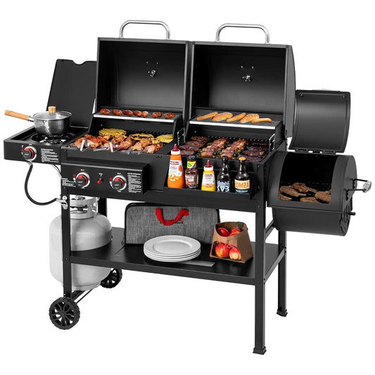 2-Burner Gas and Charcoal Combo Grill with Offset Smoker