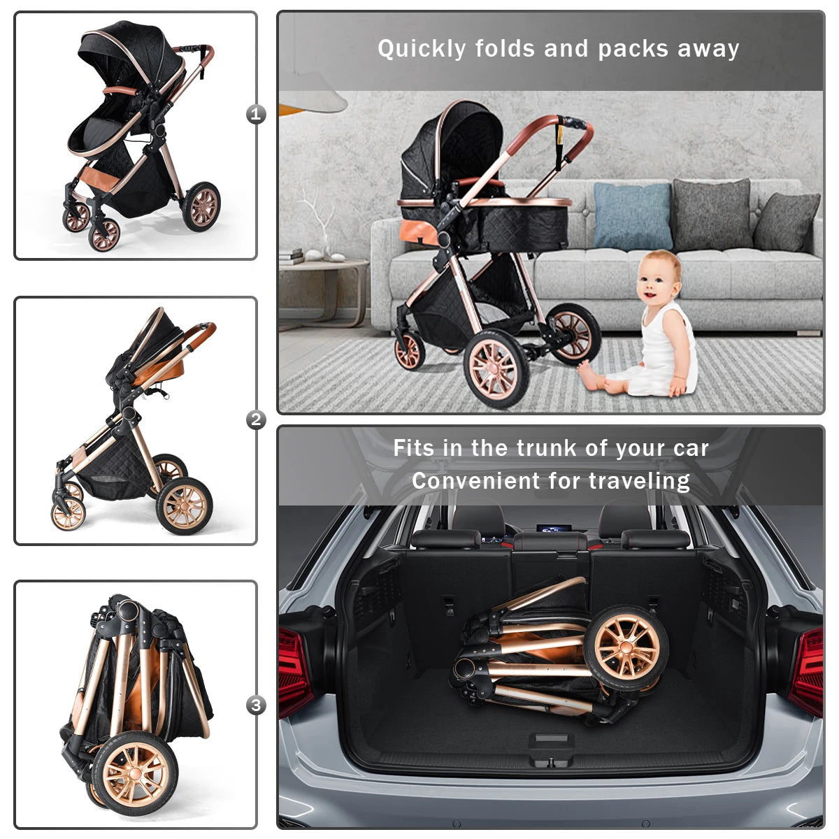 Baby Stroller 3 in 1, Foldable, With Shock Absorption, an Outdoor Stroller That Can Be Pushed in Both Directions