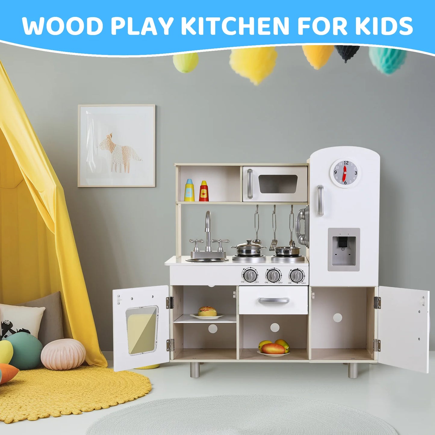 Kids Wooden Kitchen Playset For Pretend Cooking With Fridge Stove