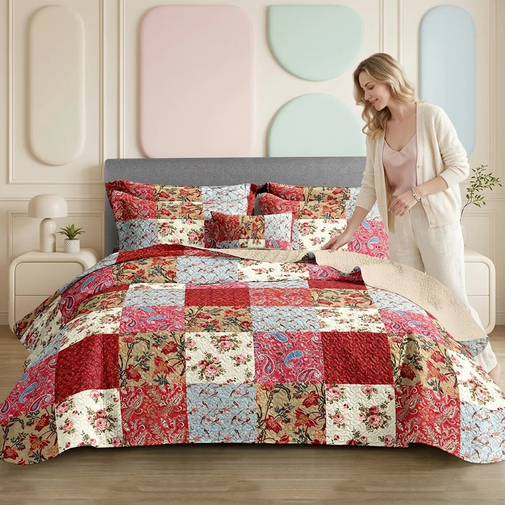 Reversible Quilted Bedspread Set With Pillow Shams Lightweight Soft Coverlet