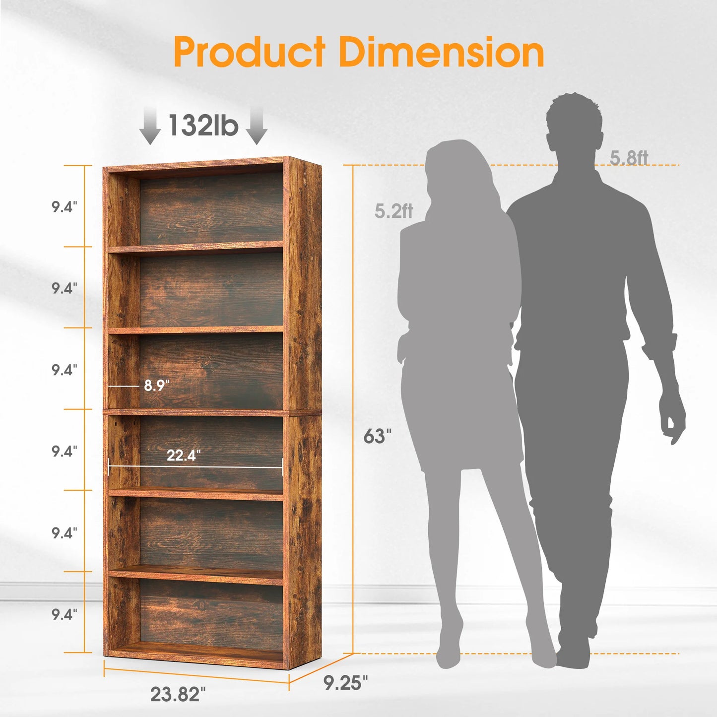 MCQ 6 Shelf Wooden Bookcase With Open Shelf Organizer