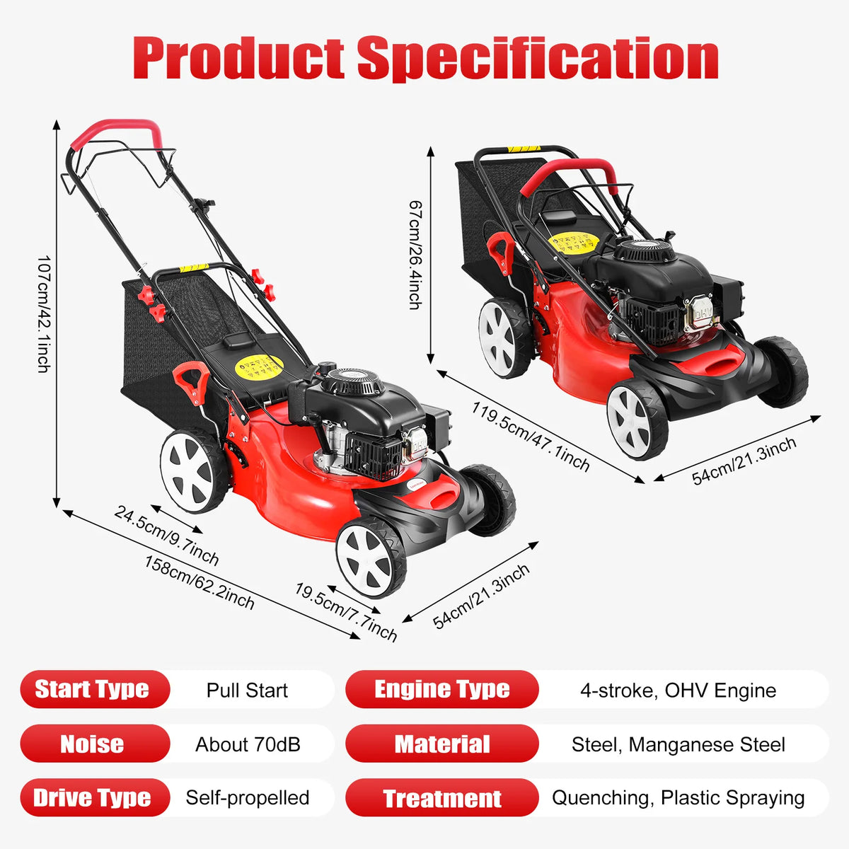 Cncest 140cc Self Propelled Gas Powered Lawn Mower With Bag