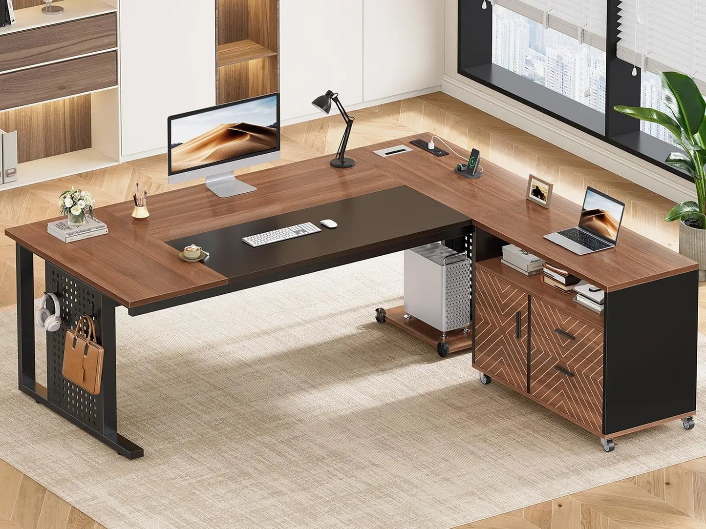 L Shaped Executive Desk With Power Outlets And Drawers