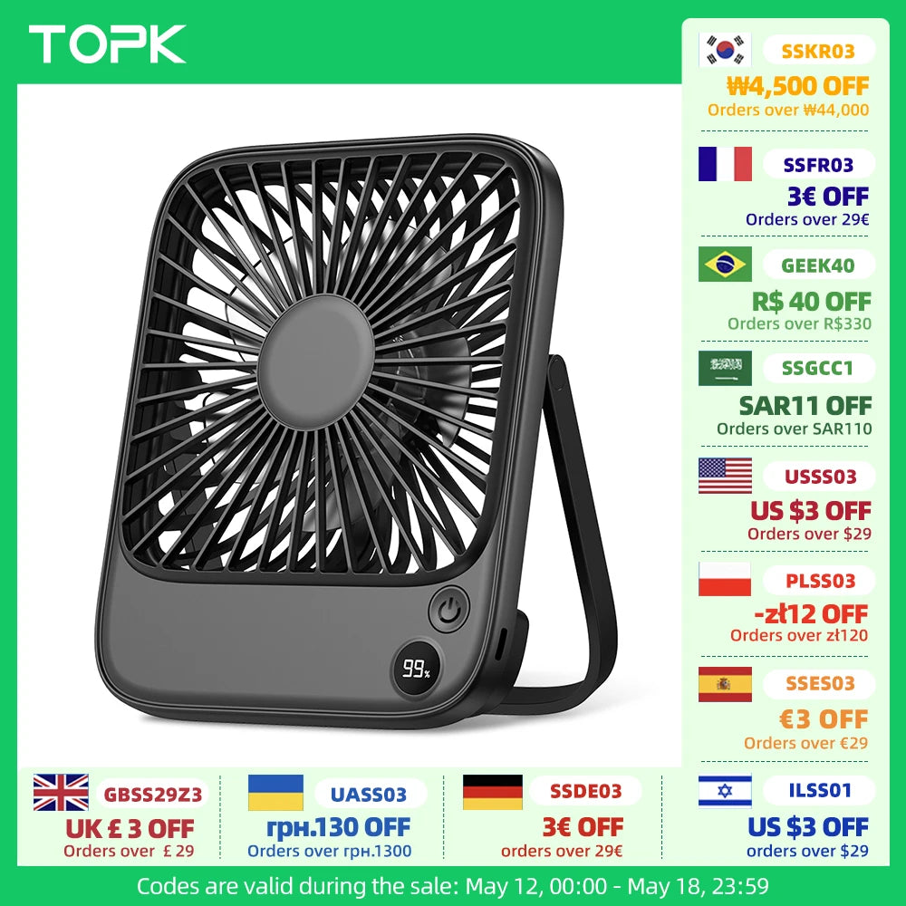 Topk Rechargeable Portable Camping Desk Fan 2000mAh USB