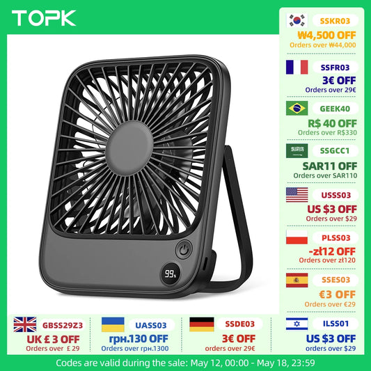 Topk Rechargeable Portable Camping Desk Fan 2000mAh USB