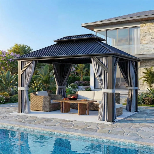 10'x12' Gazebo Hardtop Gazebo, Aluminum Pergola with Double Galvanized Steel Roof, Permanent Outdoor Metal Canopy with, Custom