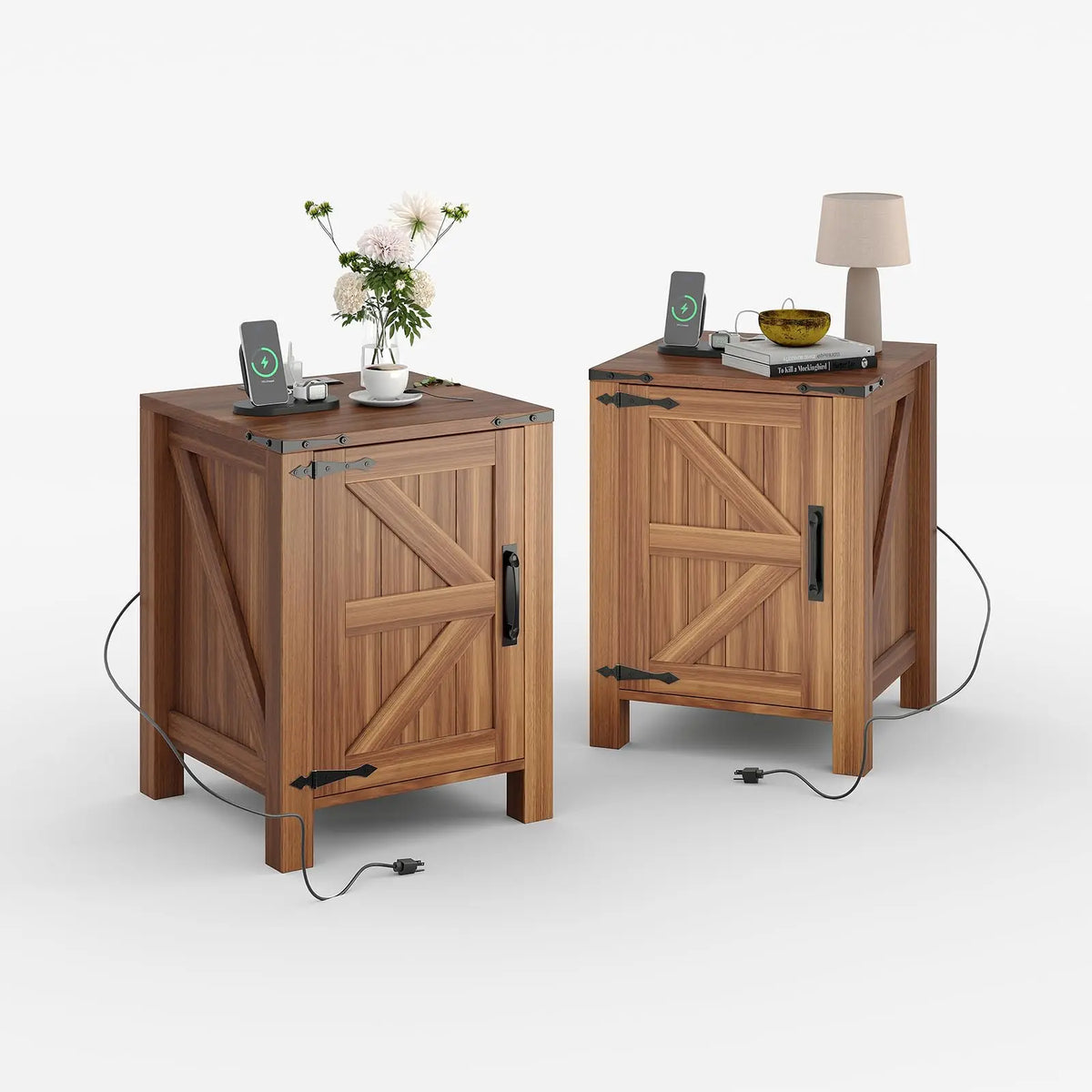 Rustic Farmhouse Nightstand With Charging Station Barn Door And Adjustable Storage Shelf Wooden Small Bedside Table 18 Inch Modern Two Tier Nightstand And End Table For Bedroom