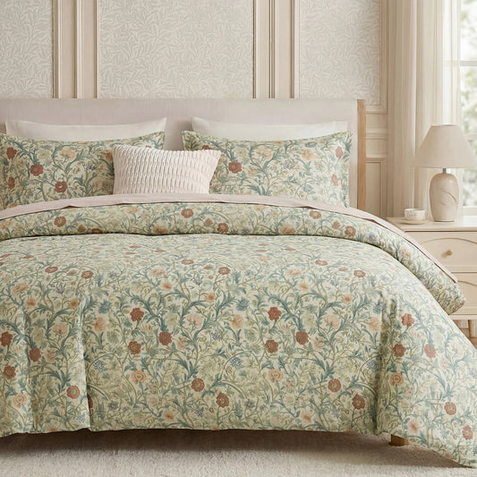 Cotton Twill Floral Botanical Duvet Cover Set With Zipper Closure