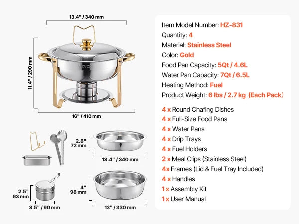 SucceBuy 4 Pack Chafing Dish Buffet Set Stainless Steel Warmer With Pans