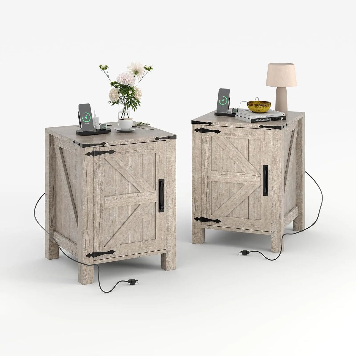 Rustic Farmhouse Nightstand With Charging Station Barn Door And Adjustable Storage Shelf Wooden Small Bedside Table 18 Inch Modern Two Tier Nightstand And End Table For Bedroom