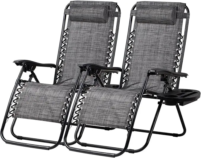 Set of 2 Adjustable Zero Gravity Patio Chairs with Pillow and Cup Holder