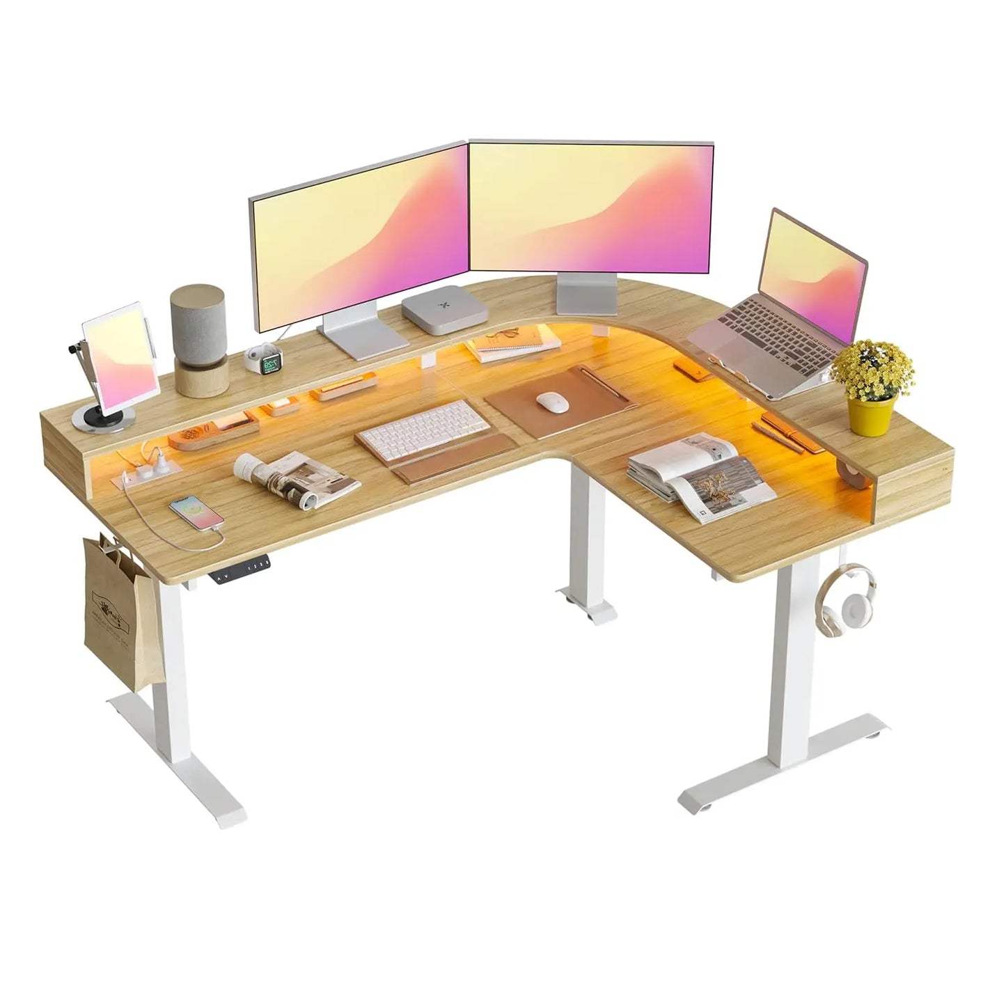 L Shaped Standing Desk With Arc LED and Triple Motors