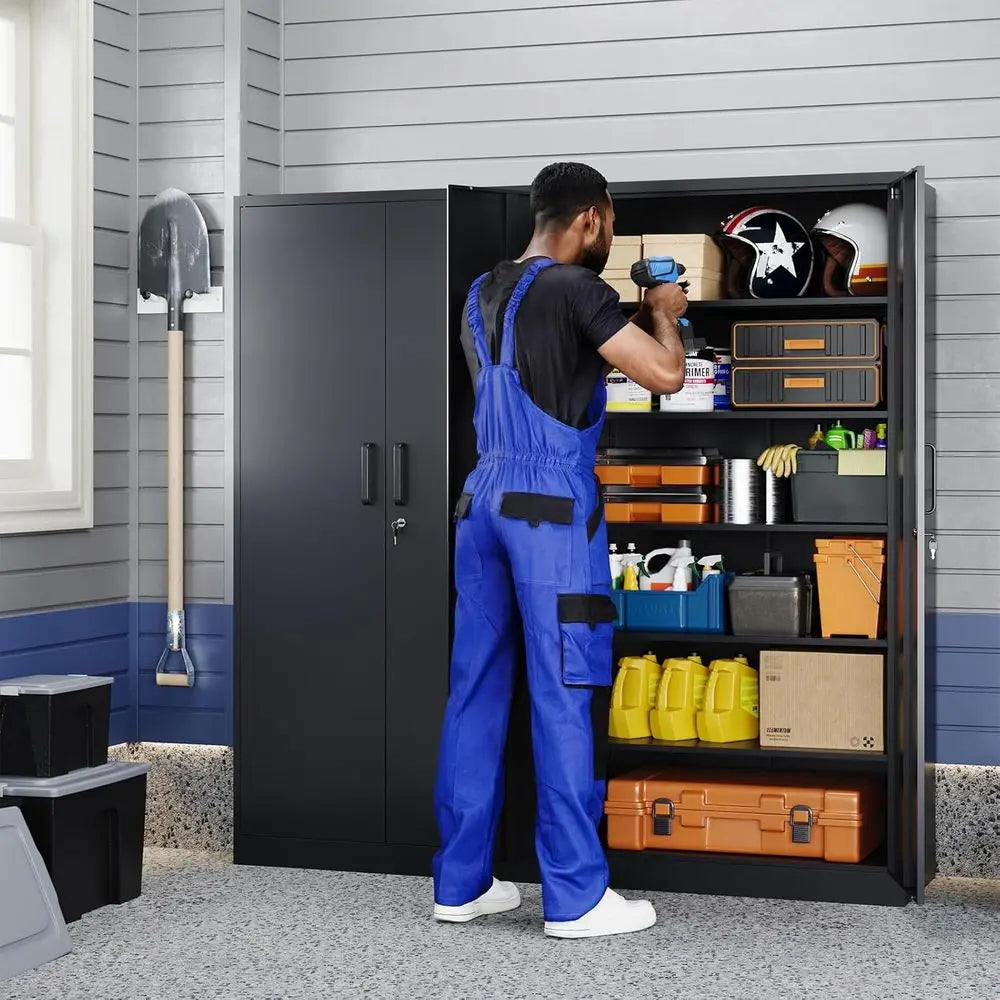 Steel Lockable Garage Storage Cabinet With 2 Doors And Shelves