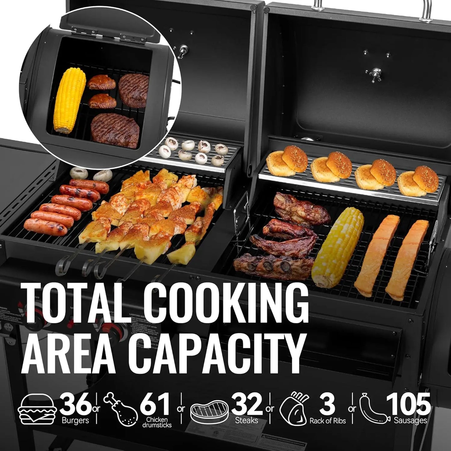 2-Burner Gas and Charcoal Combo Grill with Offset Smoker