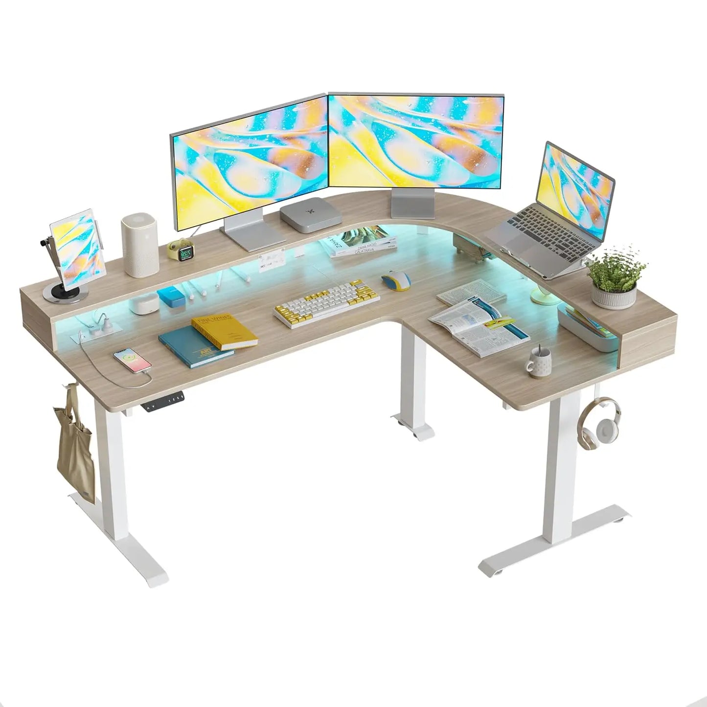L Shaped Standing Desk With Arc LED and Triple Motors