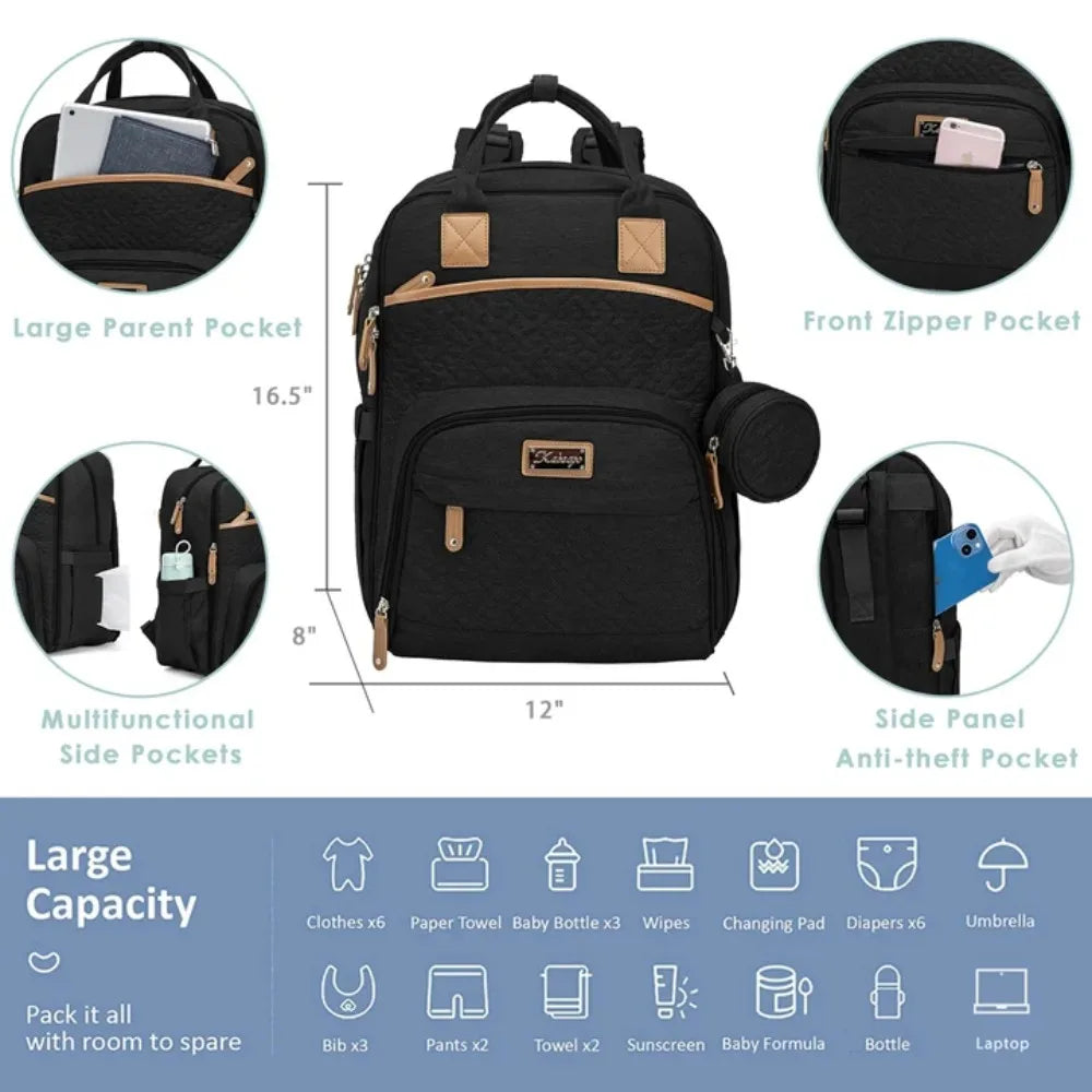 KABAQOO Diaper Bag Mommy Backpack With Changing Pad Pacifier Case, Baby Bag For Boy Girl Toddler - Large,Stylish, Waterproof Travel Quilted Diaper Bag For Mom - Baby Shower Gifts