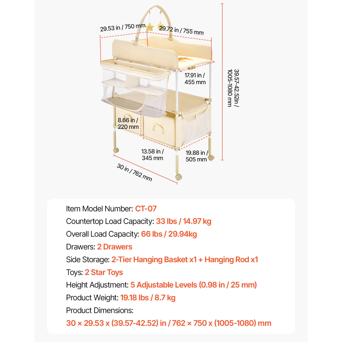 SucceBuy Baby Changing Table Foldable Diaper Change Station with 2 Fabric Drawers Side Basket & Hanging Rod Adjustable Height