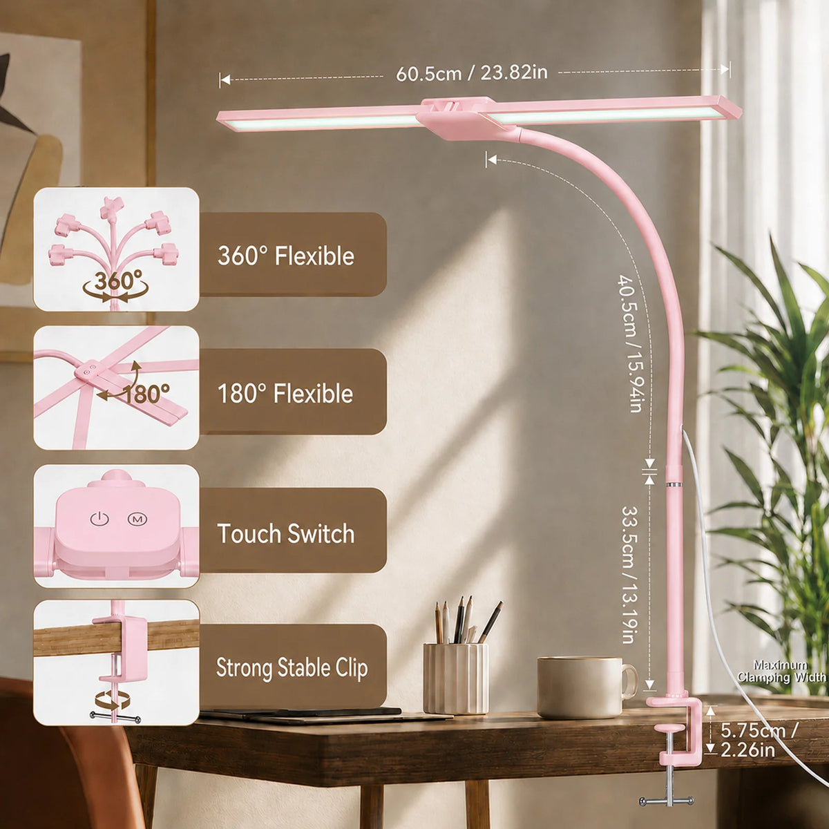 DUMILOO Dual LED Desk Lamp Clip On Dimmable Reading Light