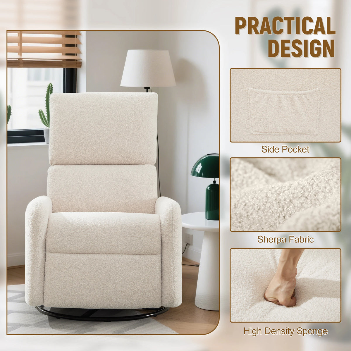 Korser Sherpa 360 Degree Swivel Glider Chair, Rocking Armchair with Side Pocket, Compact Furniture for Small Spaces Living Room