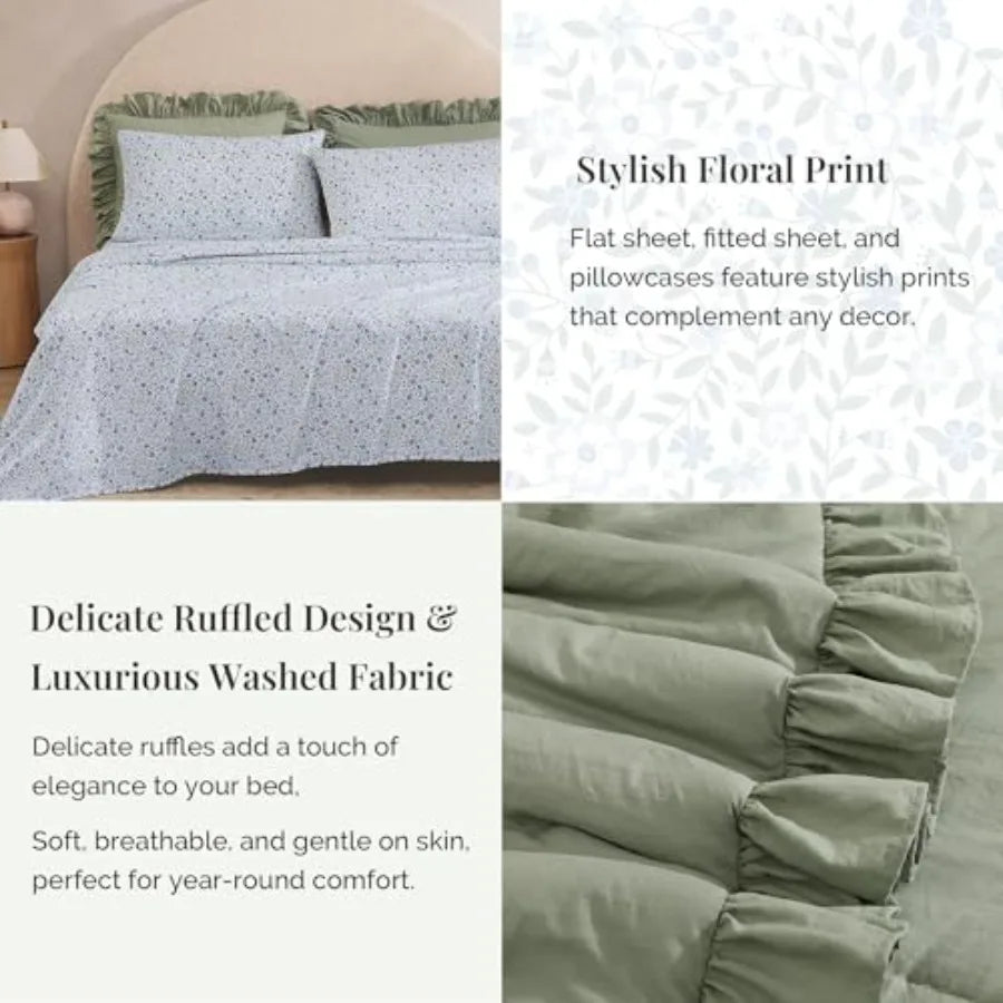 Comforter Set - 7 Pieces Ruffle Sage Green Bedding Sets, Shabby Chic Farmhouse Bed in a Bag with Ruffle Comforter, Floral Sheet