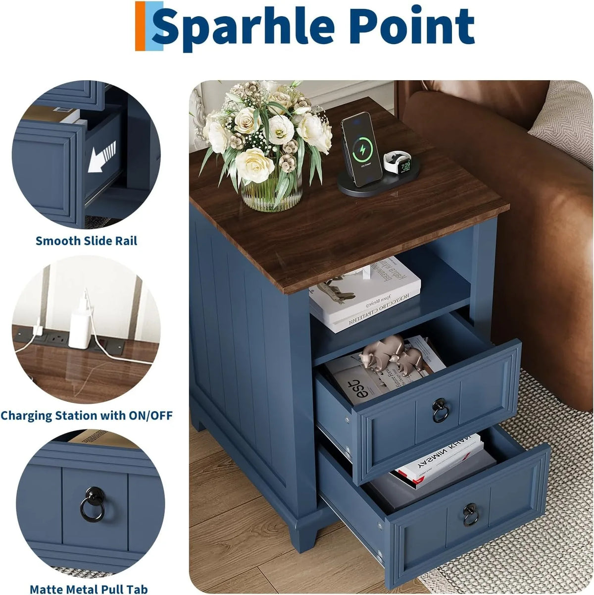 Modern Wood Nightstand With USB Charging And Storage Shelf