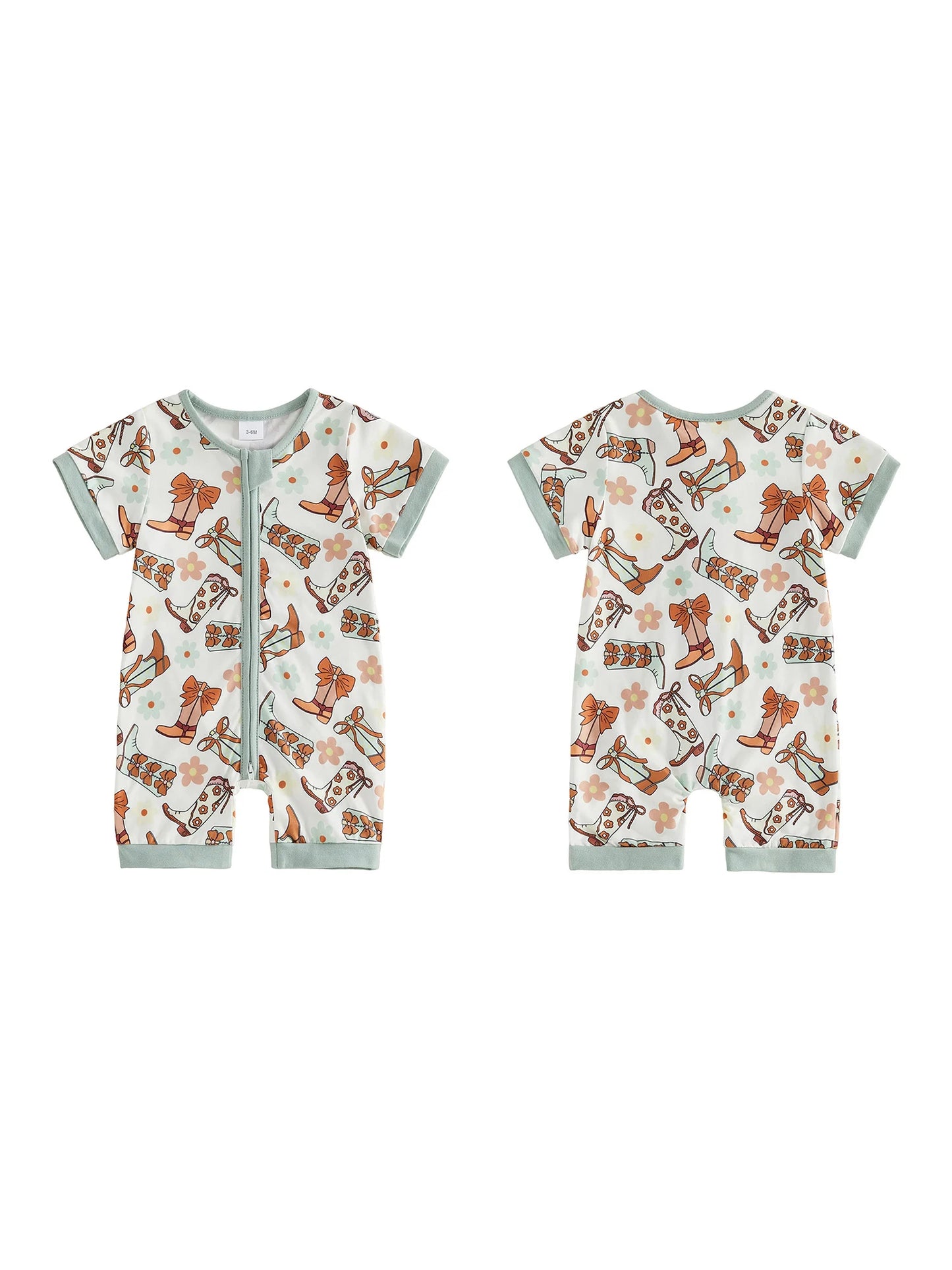 Baby Girl Romper Short Sleeve Crew Neck Western Boots Floral