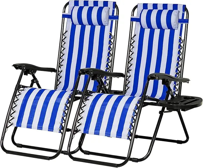 Set of 2 Adjustable Zero Gravity Patio Chairs with Pillow and Cup Holder