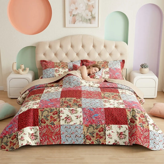 Reversible Quilted Bedspread Set With Pillow Shams Lightweight Soft Coverlet
