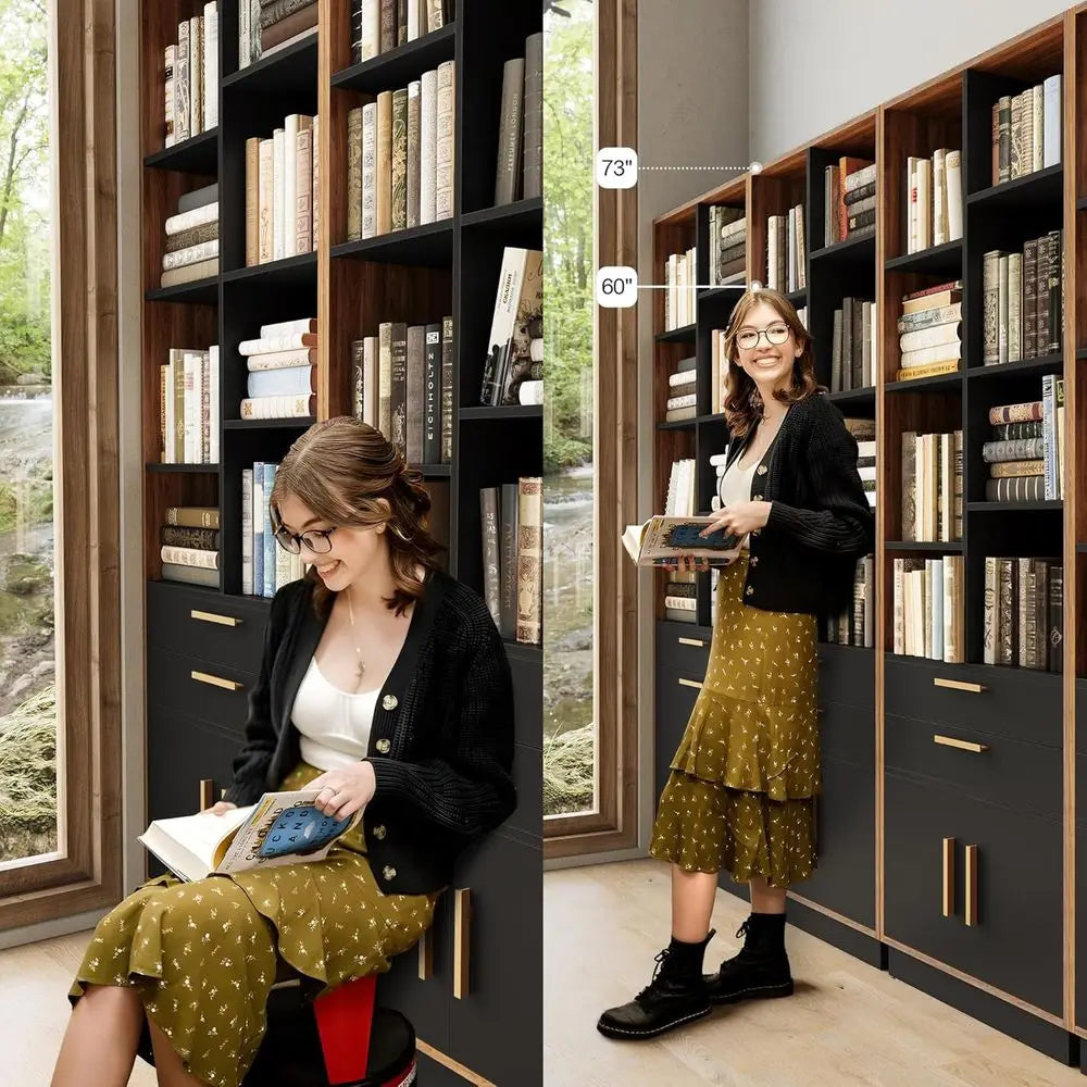 Wooden Bookshelf With 2 Drawers And 8 Cubes For Office
