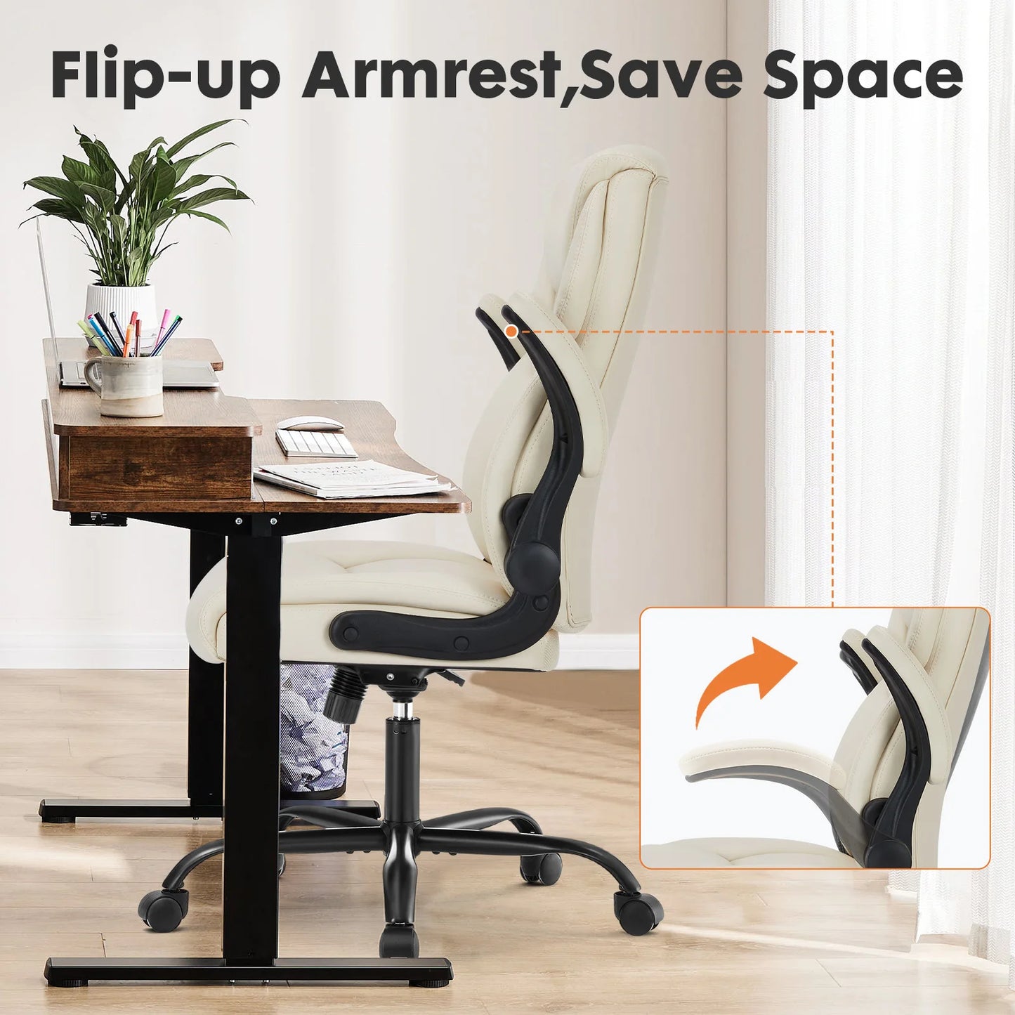 JHK Ergonomic PU Leather Office Chair With Flip Up Arms And Swivel Adjustable