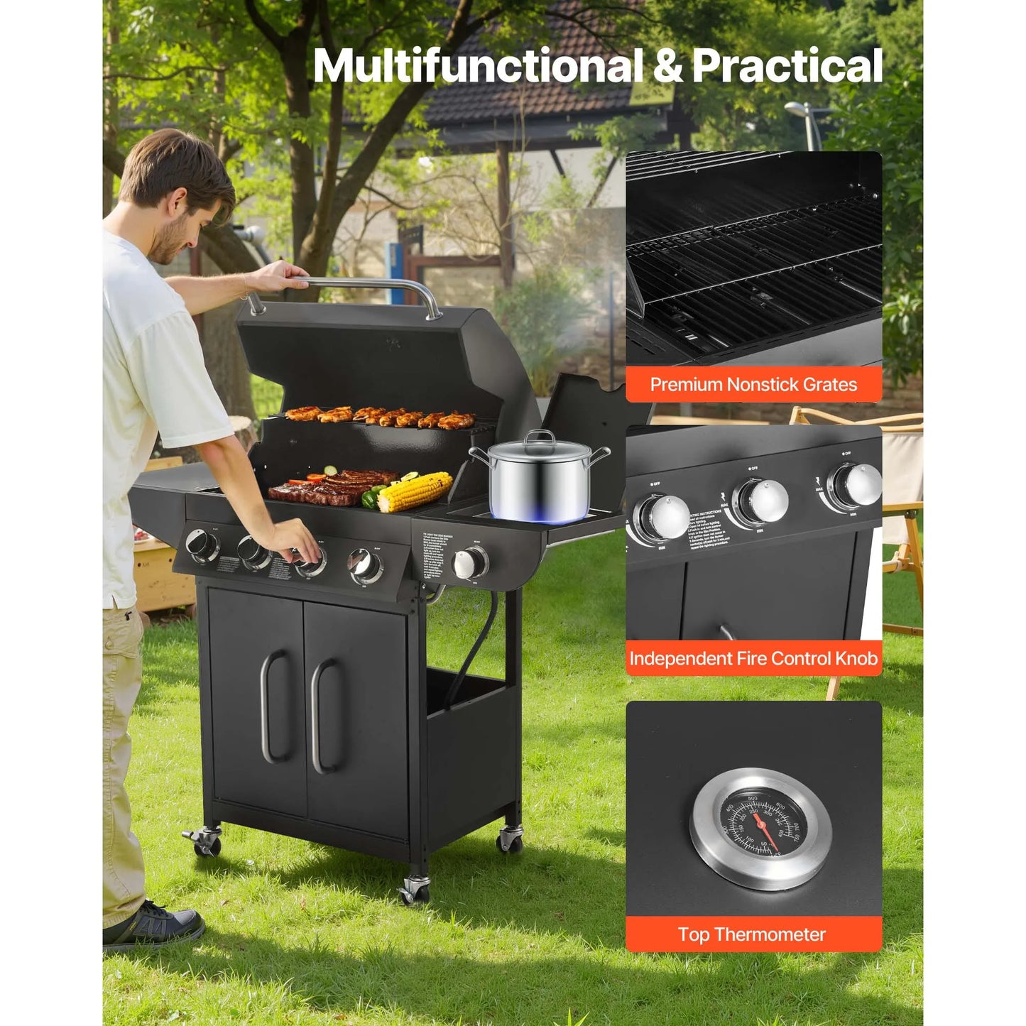 SucceBuy 4 Burner Propane Gas Grill With Side Burner