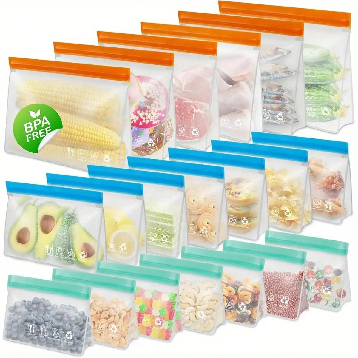 Reusable Freezer Bags 15 Pack Leakproof Stand Up Food Storage