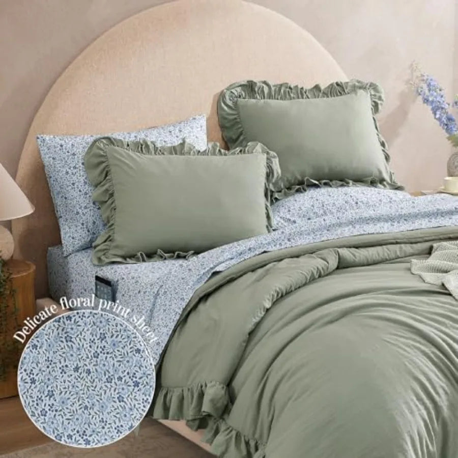 Comforter Set - 7 Pieces Ruffle Sage Green Bedding Sets, Shabby Chic Farmhouse Bed in a Bag with Ruffle Comforter, Floral Sheet