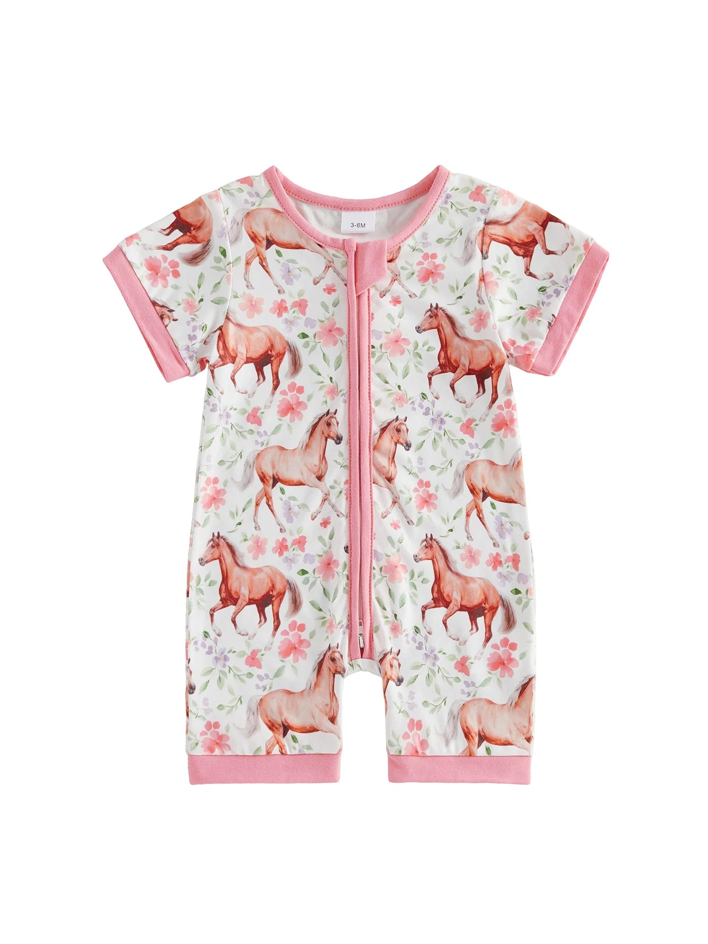 Baby Girl Romper Short Sleeve Crew Neck Western Boots Floral