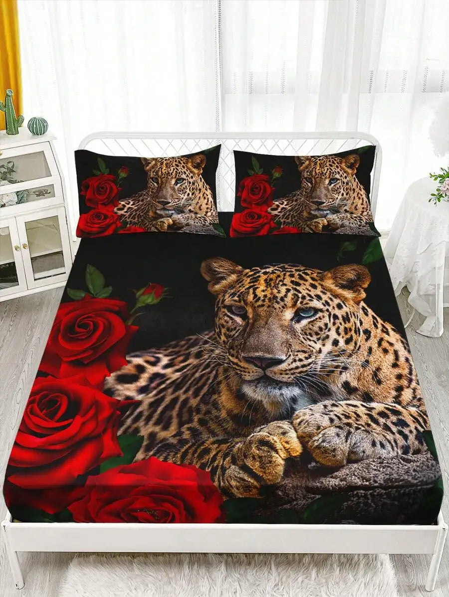 3pcs Red Rose Leopard Print Bedding Set 1 Flat Sheet 2 Pillowcases High Definition Home Dorm Use
