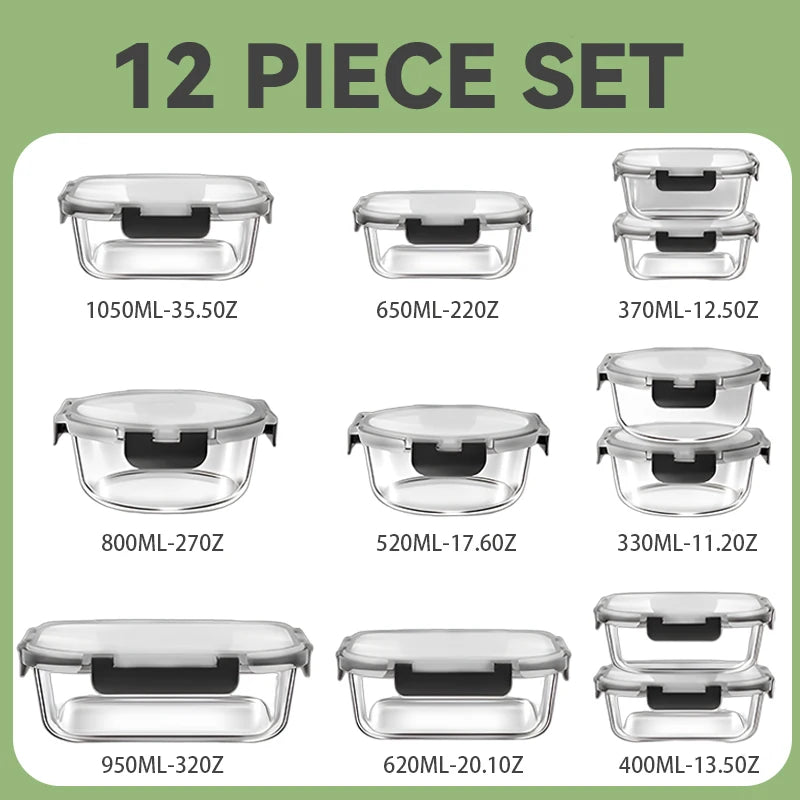 12 Piece Glass Lunch Box Meal Prep Containers Airtight Bento