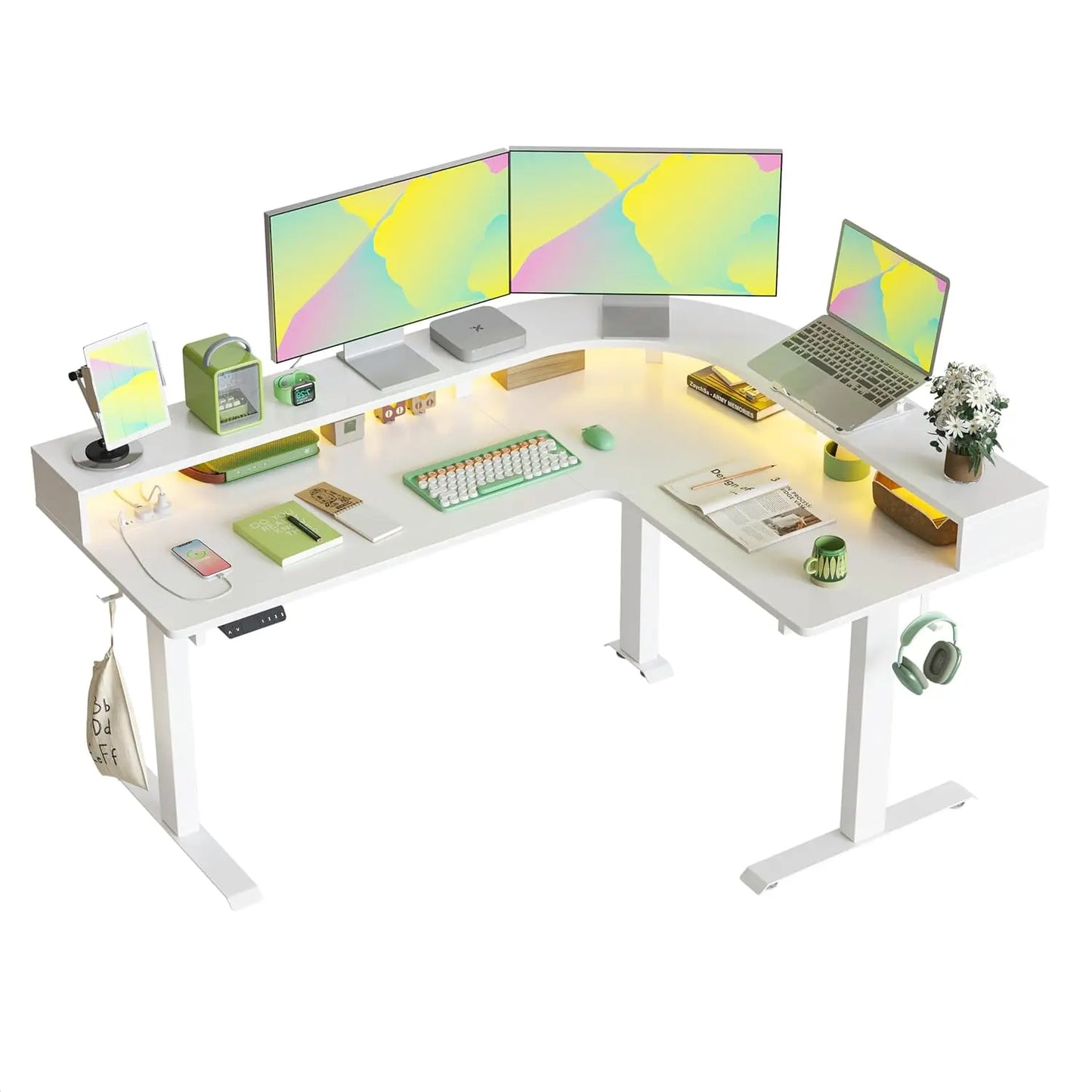 L Shaped Standing Desk With Arc LED and Triple Motors