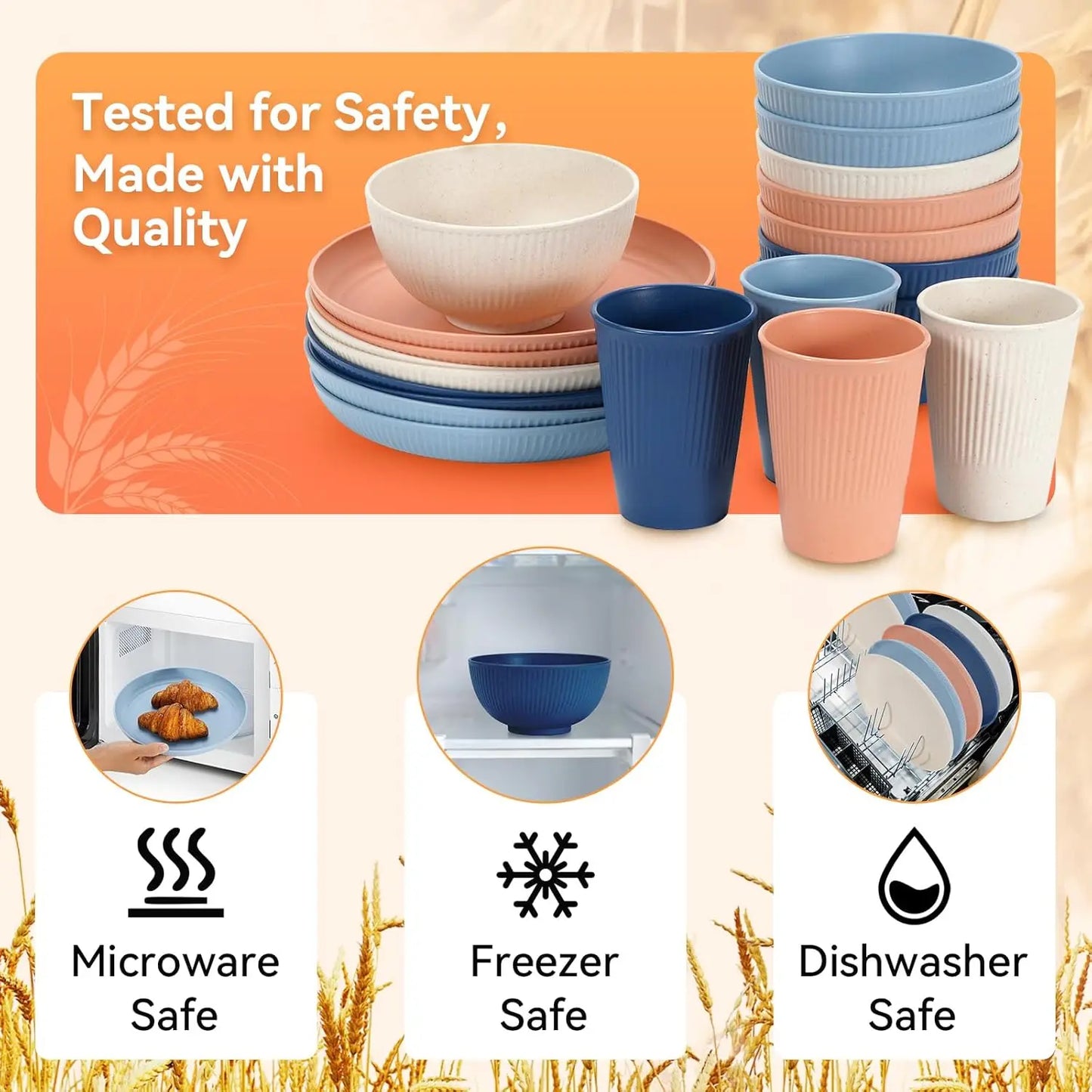 64-Piece Wheat Straw Dinnerware Set Unbreakable Plates Bowls Dishwasher Safe