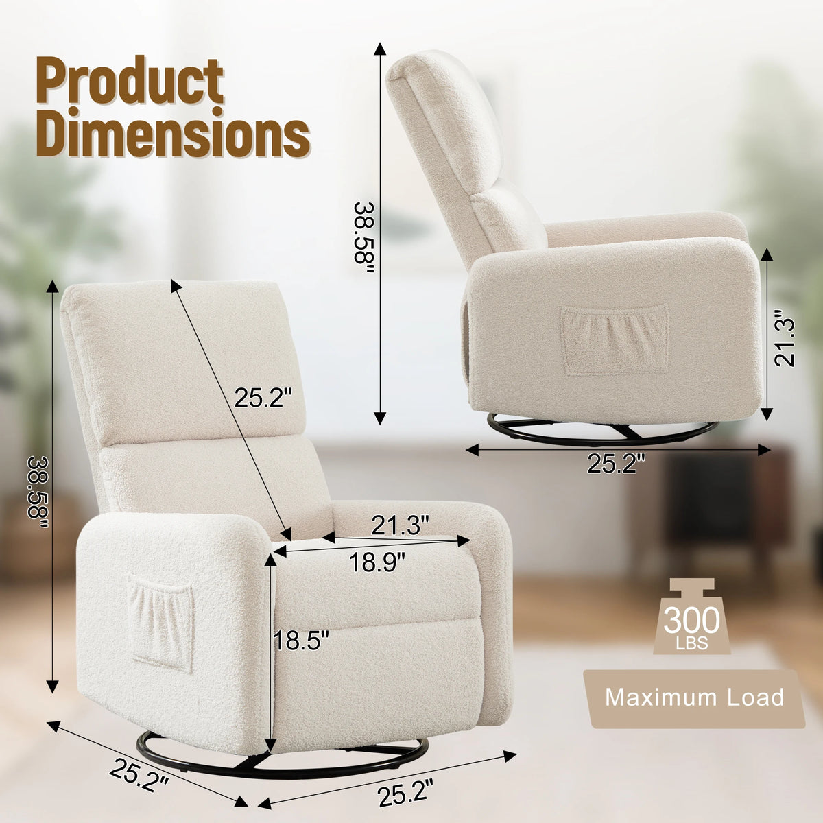 Korser Sherpa 360 Degree Swivel Glider Chair, Rocking Armchair with Side Pocket, Compact Furniture for Small Spaces Living Room