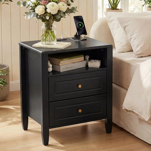 Modern Wooden Nightstand With Drawers And Open Shelf Charging Station