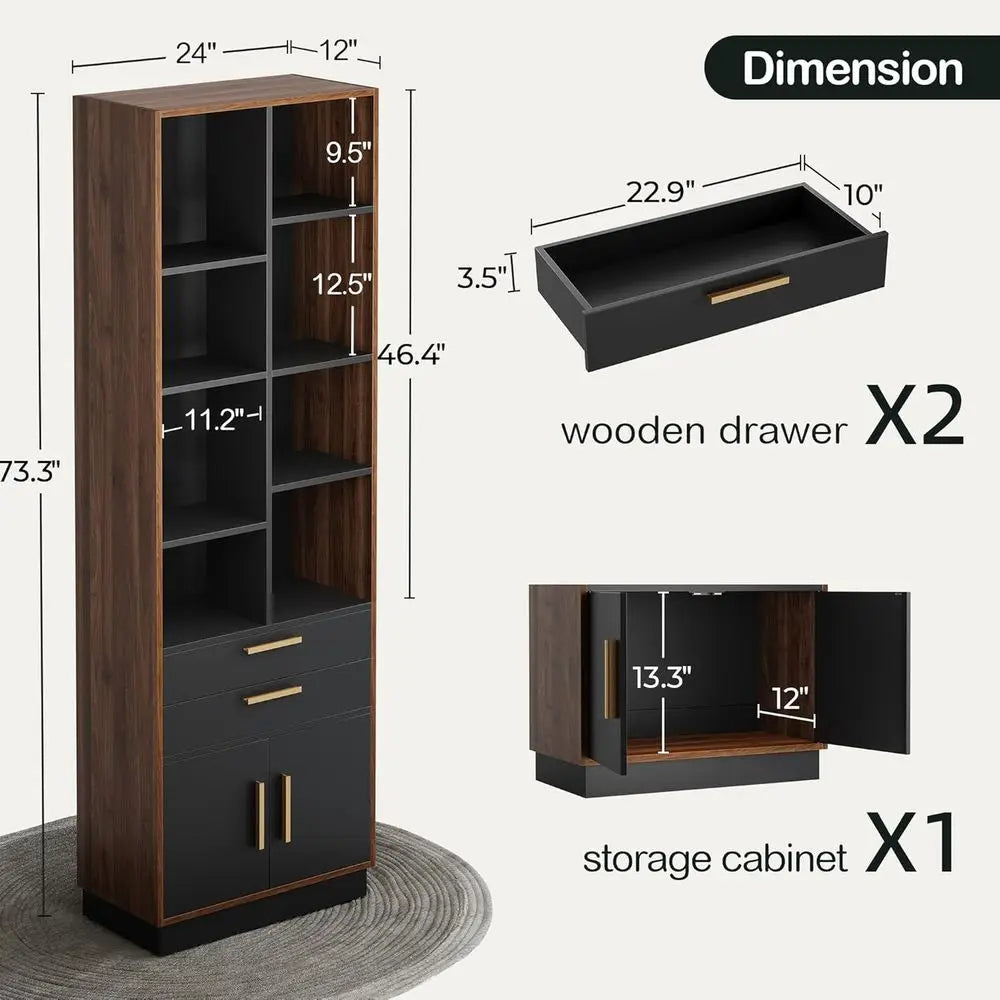 Wooden Bookshelf With 2 Drawers And 8 Cubes For Office